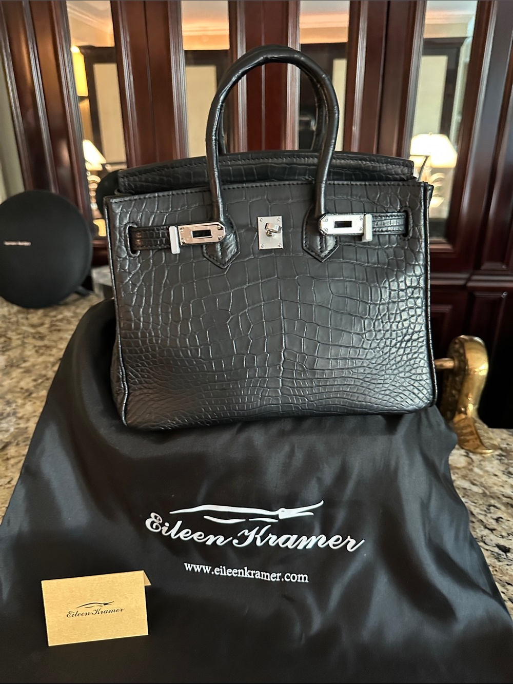 Black genuine Crocodile skin, matt finish. Satchel with Top Handles